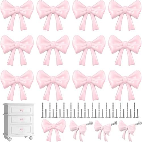 Hotop 15 Pack Pink Bow Dresser Knobs Cabinet Drawer Knobs with 2 Kinds Screws Bow Knob for Hardware Dresser Kitchen Drawer Aluminum Alloy Oxidation Wire Drawing Handles (1.57 Inch)