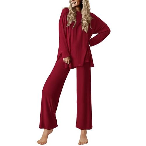 Ekouaer Lounge Sets for Women Long Sleeve Pajamas Fall Loungewear | Soft Comfy Pjs,Two Piece Travel Airport Outfits Set,Lightweight Sleepwear,Side Slit Loose Fit Top&Wide Leg Pants with Pockets