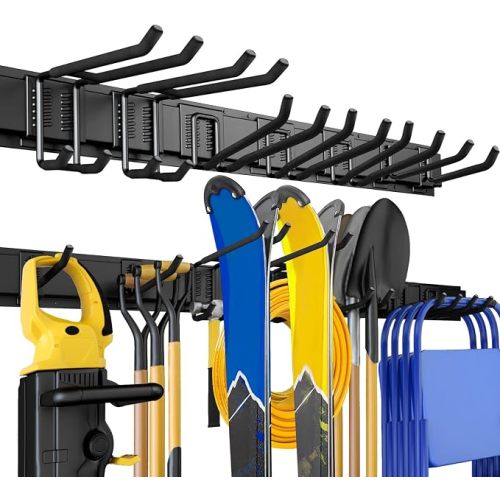 48" Garage Tool Organizer Wall Mount, 440lbs Garden Garage Storage Garage Organization with Adjustable Heavy Duty Hanging Hooks, Yard Rack Hanger System Shovel Rake Broom Ladder Holder, Men Gift