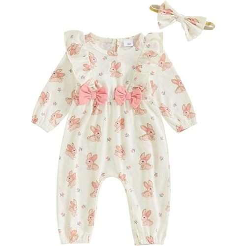 Newborn Baby Girl Easter Outfit Bunny Duck Print Romper Ruffle Long Sleeve Jumpsuit with Headband Cute Clothes