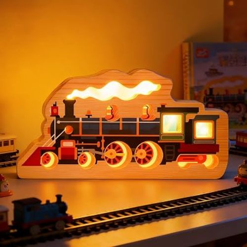YuanDian LED Train Night Light, Wooden Train Hollow-Out Wall Art with USB-C, Glowing Engine Decor for Bedside Desk Nursery