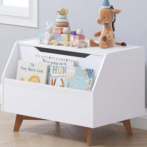 Jeskie Kids Toy Box, Wooden Toy Chest, Kids Storage Organizer Bench with Front Book Storage Area for Boys and Girls, Children's Furniture, White