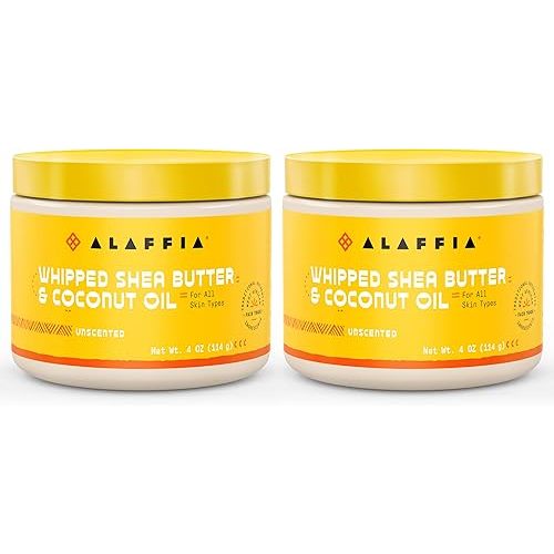 Alaffia Whipped Shea Butter & Coconut Oil, Skin Care and Hair Care, Nourishing Moisturizer Improves Elasticity and Repairs with Vitamin E, Unscented, 2 Pack - 4 Oz Ea