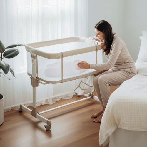 Fodoss Baby Bassinets Bedside Sleeper with Wheels, 7 Height Adjustable, Beige (YELLOW)