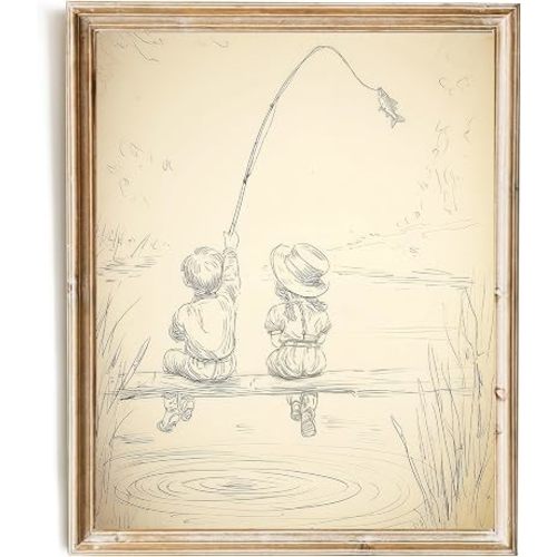 SWZHHYL Vintage Nursery Sketch Wall Art, Neutral Boy and Girl Fishing Canvas Print, Neutral Kids Room Wall Decor for Farmhouse Bedroom Living Room Wall Decor - 8x10inch Unframed