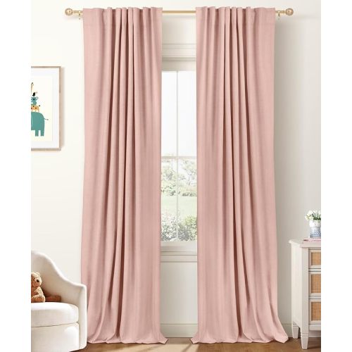100% Blackout Shield Linen Blackout Curtains for Bedroom 84 Inches Long, Back Tab/Rod Pocket Living Room Drapes, Thermal Insulated Blackout Curtains 2 Panels Set, 50" W x 84" L, Blush Pink