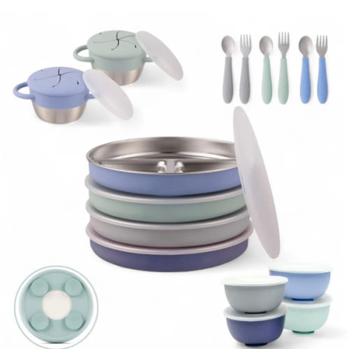 Stainless Steel Mealtime Bundle | Suction Sleeves | Plates, Bowls, Snack Cups + Toddler Utensils | 16 Pcs |  Sage/MistyBlue/Navy/Gray