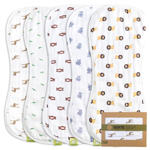 5-Pack Organic Muslin Baby Burp Cloths - White Bamboo Cotton Burp Cloth - Burp Rags - Neutral Burp Clothes for Baby Boy,Girl, Newborn, Unisex - Large Absorbent Muslin Burp Cloths (The Wild)