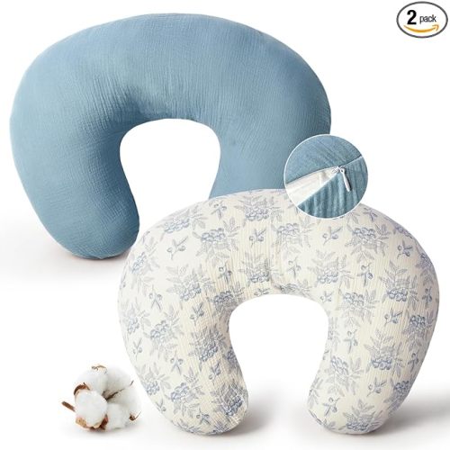 Muslin Nursing Pillow Cover Compatible with Boppy Nursing Pillow, Soft Baby Nursing Covers for Breastfeeding Pillows for Boys Girls, only Cover, Blueberries & Blue