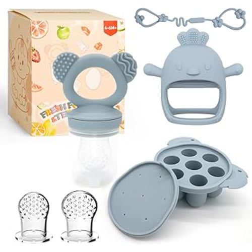 Baby Fruit/Food Feeder with Breastmilk Popsicle Molds & Teether Combo Food Grade Silicon for 6M+ Breastmilk Pops, Frozen Fruit, Baby Teething Relief, Christmas Idea Gift (Blue)