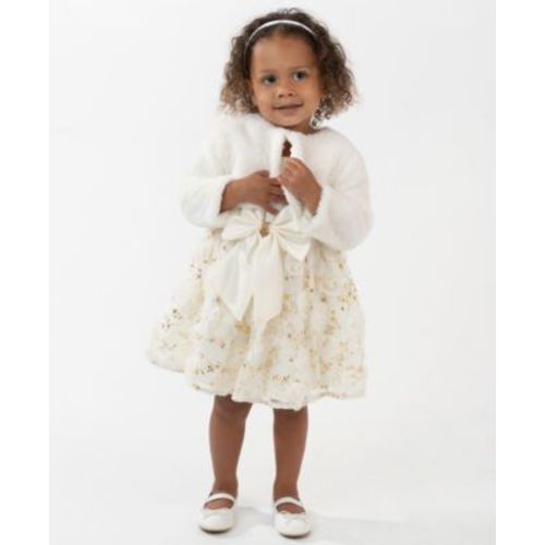 Baby Girls 3-Piece Satin Bodice 3D Flower Jacket, Dress and Diaper Cover Set