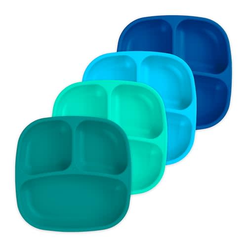 Re-Play Toddler Plates with Dividers - Deep-Walled 3 Compartments Divided Plates for Kids - Dishwasher & Microwave Safe - Made in USA - Set of 4-7.37" x 7.37" x 1.25" - True Blue