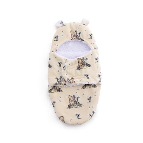 Berkshire Sherpa & Loftmink Baby Swaddle - Hooded Pooh Sleep Sack with Fuzzy Bear Ear Details - Classic Pooh Prints for Newborns Infants 0-3 Months(Pooh, Piglet and Dandelions Yellow, 13’’×23.5’’)