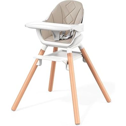 Baby High Chair, Highchair for Baby & Toddler, Easy Clean Infant Highchair, 6 in 1 Feeding High Chair with Removable Double Tray and Waterproof PU Cushion, Wooden Legs, Champagne