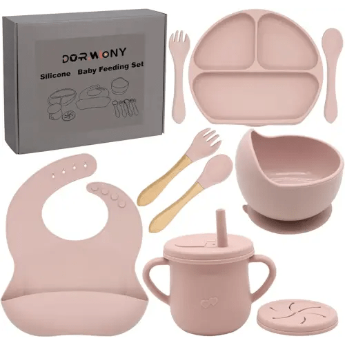 100% Silicone Baby Feeding Set,BPA Free Baby Dishes Set with Suction Bowl Divided Plate,Toddler Self Feeding Dish Set with Spoons Forks Sippy Cup and Bib, Baby Eating Utensils (Pink)
