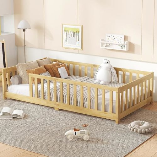 Twin Size Montessori Floor Bed with Slats ans Guardrails, Natural