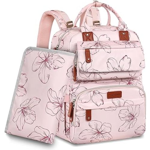 Diaper Bag Backpack, Large Diaper Backpack with Portable Changing Pad, Baby Diaper Bags for Girls, Multifunction Floral Travel Backpack for Moms Dads with Insulated Pockets and Stroller Straps