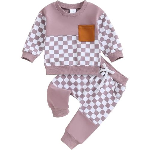 FOCUSNORM Toddler Baby Girl Fall Outfits Long Sleeve Checkerboard Print Tops Drawstring Pants Cute Litter Girl Winter Clothes
