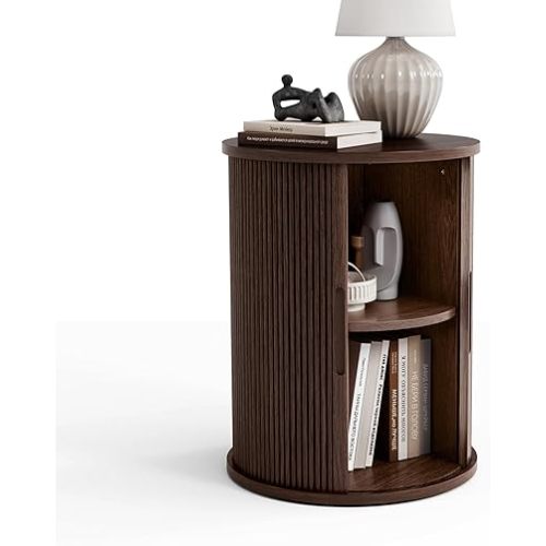 LINSY HOME Round Fluted End Table, Tall Side Table with Sliding Tambour Door and Storage Shelf, Modern Bedside Table, Mid-Century Nightstand for Living Room, Bedroom, Dark Walnut