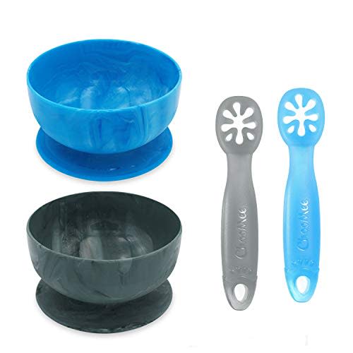 ChooMee Baby Suction Bowl & FlexiDip Learning Utensil Set, 4 CT Small, Blue Gray