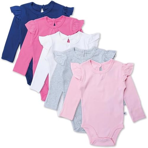 HonestBaby Baby Girls' 5-pack Long Sleeve Ruffle Shoulder Bodysuits 100% Organic Cotton for Infant Baby Girls