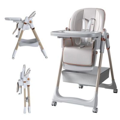 Adjustable Baby High Chair for Infants & Toddlers, Foldable Feeding Chair with Tray, Wheels & Safety Harness, White