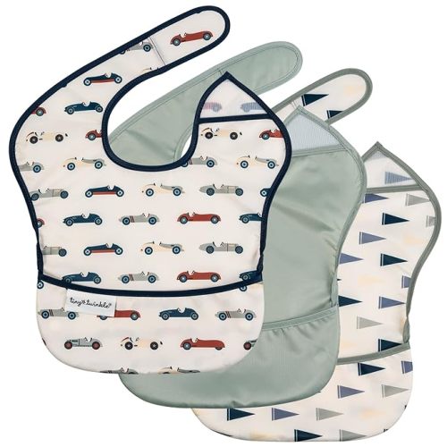 Tiny Twinkle Mess-Proof Baby Bibs for Eating | Waterproof, Wipeable Toddler Bibs with Catch-All Pocket | Feeding Bibs for Girls & Boys(3 Pack,Vintage Cars,Varsity Flags)