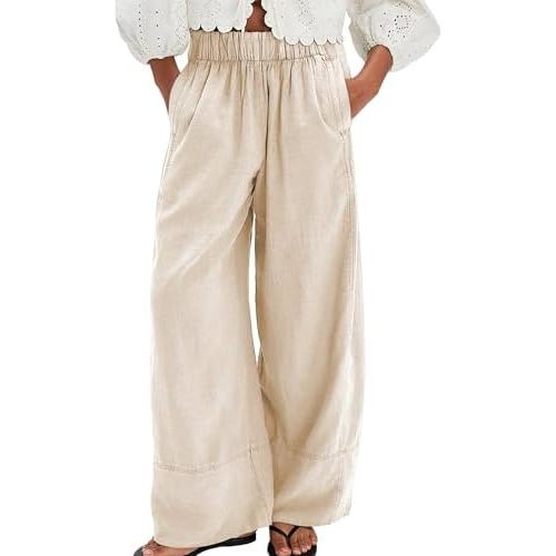Linen Pants for Women Cotton Baggy Boho Casual Palazzo Pants Wide Leg Long Lounge Trousers with Pockets