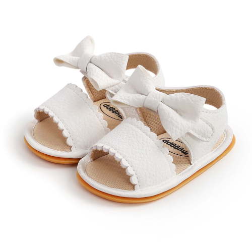 Tao Tao Infant Baby Girls Boys Sandals Summer Bowknot Crib Shoes Toddler Leather Soft Rubber Sole Dress Flats First Walker Shoes White 0-3Months