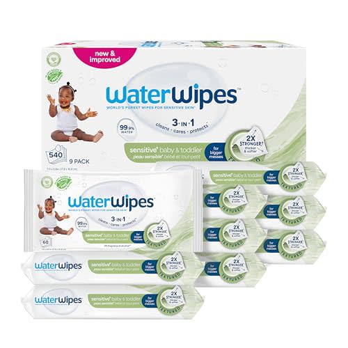 WaterWipes Sensitive+ Baby & Toddler Wipes, 3-In-1 Cleans, Cares, Protects, 99.9% Water, Textured Clean, Unscented & Hypoallergenic, 540 Count (Pack of 9)