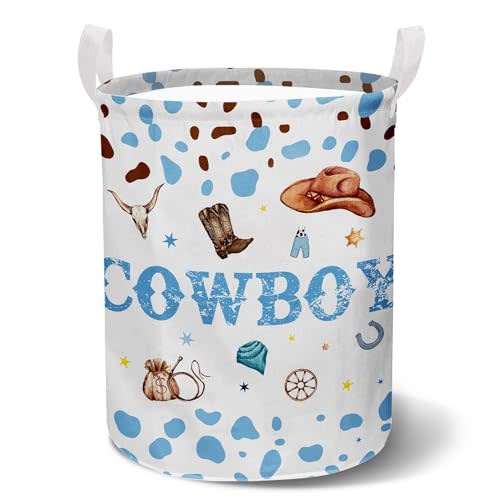 Cowboy Nursery Decor Boy,Cute Toy Bin,Cowboy Baby Shower Decorations,Large Canvas Round Laundry Basket With A Waterproof PE Coating,Foldable Toy Clothes Bins for Bedroom