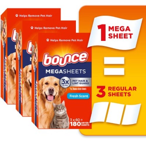 Bounce Fresh Scent Pet Hair and Lint Guard Mega Fabric Softener Dryer Sheets - 180ct