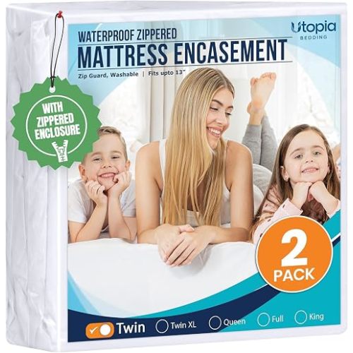 Utopia Bedding Mattress Protector Zippered Twin Size (Pack of 2), 100% Waterproof Bed Bug and Dust Mite Proof Mattress Encasement, Absorbent 6 Sided Mattress Cover