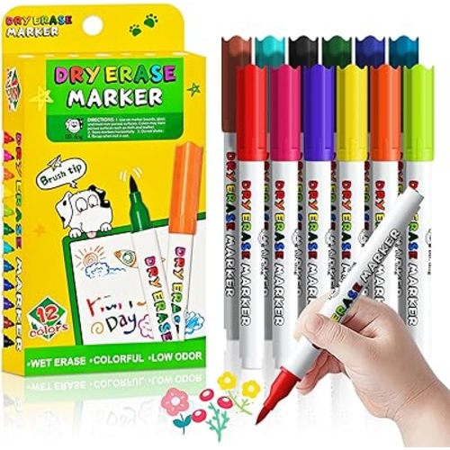 Brush Tip Dry Erase Markers for Kids, 12 Colored Non-Toxic Whiteboard Markers, Low-Odor White board Markers Set for Classroom, Home & School Art Supplies (12 Pack)