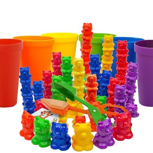 Skoolzy Rainbow Stacking Bears with Matching Sorting Cups 69 Piece Set, 60 Bear counters, Scissor Tongs, Rainbow Cups, Storage Bag, Sorting dice Game