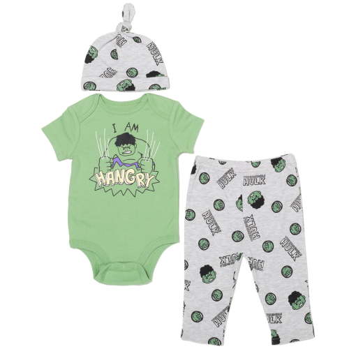 Marvel Avengers Hulk Newborn Baby Boys 3 Piece Outfit Set: Cuddly Bodysuit Pants Hat green / Gray 0-3 Months