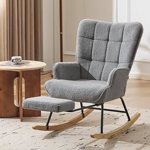 Furniliving Nursery Rocking Chair Upholstered Glider Rocking Chair Modern Accent Chair with Retractable Footrest Reading Chair with High Backrest Comfy Chair for Living Room, Grey, Teddy