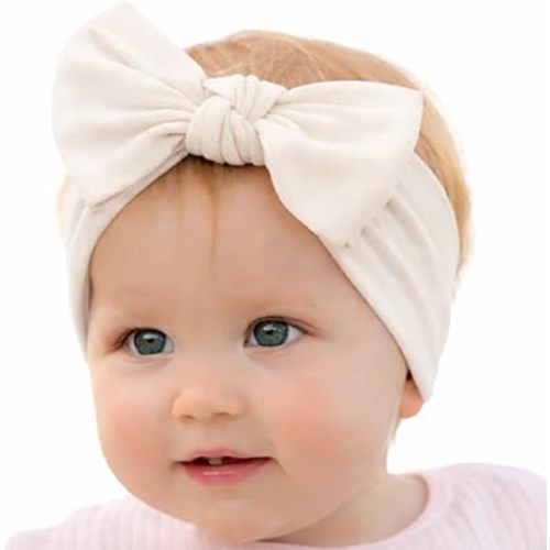 Baby Girl Headbands- Newborn Infant Toddler Cotton Handmade Hairbands with Bows Child Hair Accessories (Soft White, 0-6 Month)