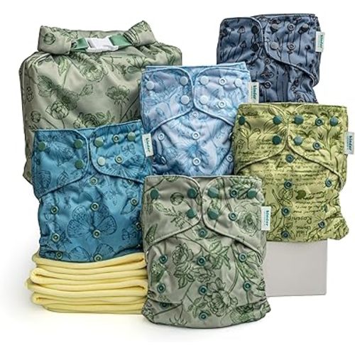 Kinder Cloth Diapers Reusable Baby Diapers Pocket Style Athletic Wicking Jersey, Bamboo Viscose Inserts, Wet Bag, Newborn to Potty Training 7-60lbs, One Size (Tranquil Garden, 5 Pack, with Inserts)
