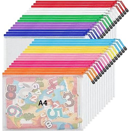 JARLINK 30 Pack 10 Colors Zipper Mesh Document Pouch, A4 Letter Size Mesh Bags for Board Games & Puzzles, Waterproof Document Zipper Pouches for Office School Supplies, Toys, Cosmetics Travel Storage