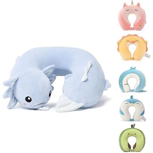 Niuniu Daddy Blue Axolotl Kids Travel Neck Pillow (3-8 Y/O), Memory Foam Toddler Pillows for Head & Chin Support, Cute Sleeping Essentials for Car Seat, Airplane, Stroller and Long Road Trip