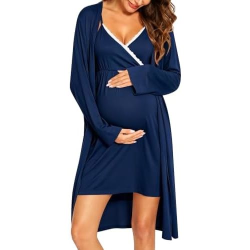 SWOMOG Womens Maternity Robe 2 Piece Nursing Nightgown for Breastfeeding 3 in 1 Labor Delivery Nursing Dress Lace Bathrobe