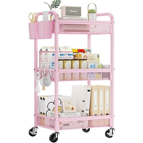 YASONIC 3 Tier Rolling Cart – Metal Utility Storage Cart with Wheels, Craft Cart Organizer with Hanging Cups, Hooks, Mesh Basket for Bedside Kitchen Office Art, Pink