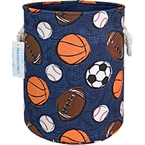 LANGYASHAN Laundry Basket Canvas Collapsible Organizer Storage Basket for Boys Girls Laundry Hamper Toy Bins Gift Baskets Bedroom Clothes Children Nursery (Navy Ball Game)