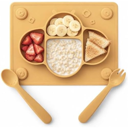 Suction Plates for Baby Silicone Placemat with Spoon and Fork-Yellow