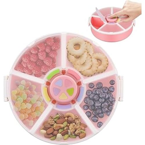 Snack Rotator Container Reusable Snack Box with 5 Compartment Dispenser and Lid, Color Matching Opening Lid, BPA and PVC Free, for Home, School, Travel (1 Pack- Pink)