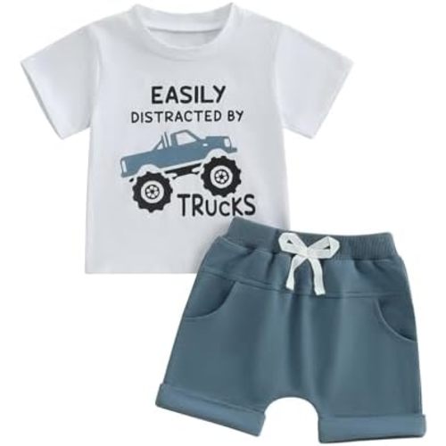 WZTYYDS Toddler Baby Boy Summer Clothes 2T 3T 4T 5T Boys Outfit Letter Truck Short Sleeve T-Shirt Tops + Shorts Set