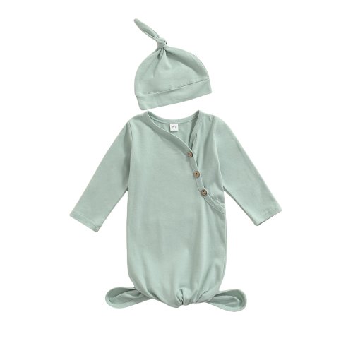 Canrulo Newborn Baby Girl Boy Knitted Romper Knotted Gowns Long Sleeve Solid Color Sleeping Bag With Hat Set Light Blue 0-3 Months