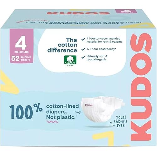Kudos Size 4 Cotton-Lined Disposable Baby Diapers, 52 Count, Ultra Absorbent Baby Diapers, Soft Comfort, Gentle Materials, Secure Fit for Sensitive Skin