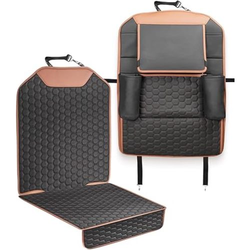 Owleys Over the Car Seat Organizer and Kick Mat Set, 2 Pc, Black/Tan